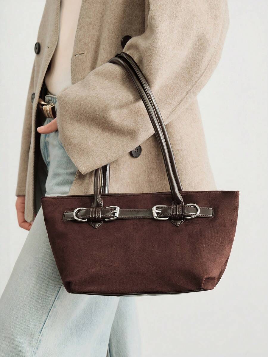 SHECARRY Buckle Detail Casual Shoulder Bag For Women - dark brown - View 1