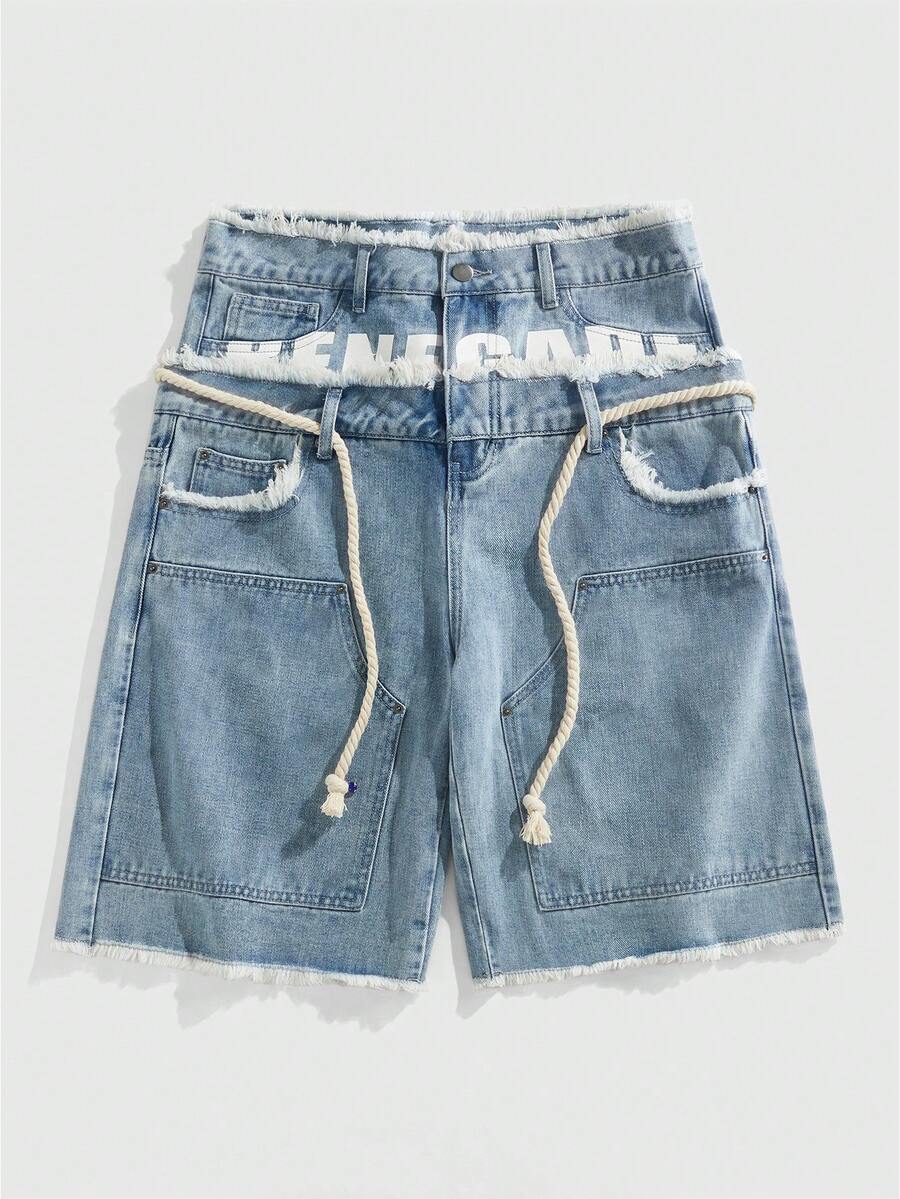 ROMWE MEN Street Life Men's Loose Fit Double-Layer Waistband Denim Shorts - Baby Blue - View 1