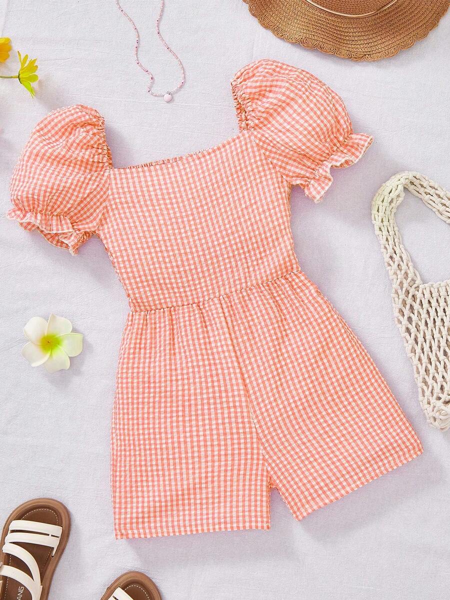 Genkimix Kids 女童休闲度假格子泡泡袖连体裤，夏季 - 橘色 - 查看 1