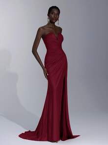 Elitara 优雅、奢华、浪漫的红色弹力针织亮面泳衣面料，V领胸罩罩杯，带钢圈褶裥，高开衩鱼尾侧垂褶荷叶边，适合正式场合、单身派对、婚礼、毕业典礼、假期、盛大晚宴、舞会等。 - 紫紅色 - 查看 7