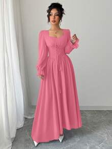 Modelyn 高端法式风格收腰纯色心形领插肩长袖系带长连衣裙 - 玫紅色 - 查看 6