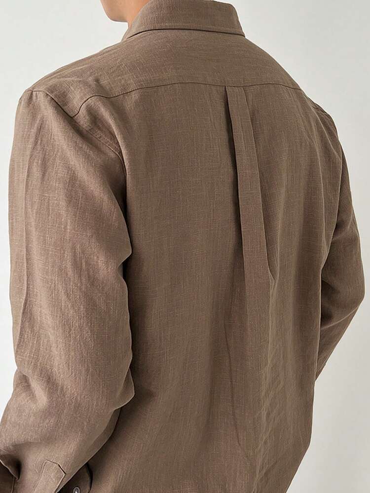 Men's Casual Everyday Office Commute Simple Solid Color Patchwork Pocket Long Sleeve Shirt, Spring/Autumn