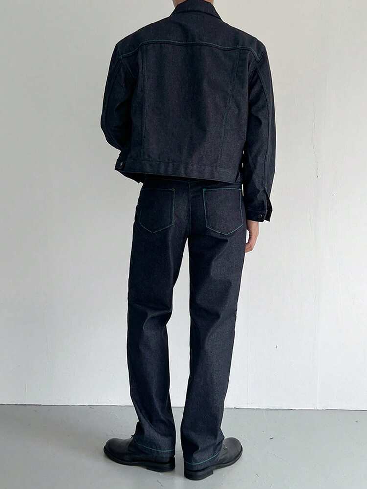 Men's Solid Black Denim Suit, Autumn