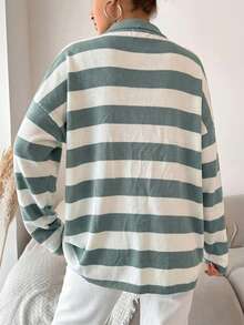 Suéter de cuello polo de hombros caídos con estampado de rayas para tallas grandes - verde menta - Ver 2