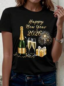 SHEIN LUNE 大码女式休闲2026新年图案短袖T恤 - 黑色 - 查看 5