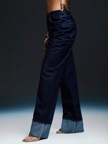 Denimoi 休闲宽松直筒长袖口牛仔裤 - 深色水洗藍 - 查看 4