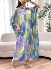 Al Najma Tie-Dye Loose Fit Short Sleeve Polo Collar Dress, Spring/Summer - Blue - View 7