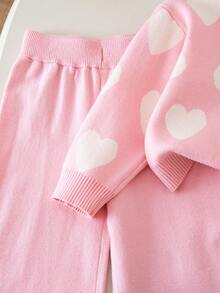 Genkimix Kids Girls Pink Heart Pattern Jacquard Knit Sweater & Pants 2-Piece Set,Cute Autumn/Winter Holiday Kids Two Piece Sweater Sets - Baby Pink - View 6