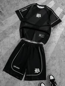 Casual Striped Print T-Shirt Set For Teenage Boys, Suitable For Daily Commute, Sports, And School Wear - Black - View 1