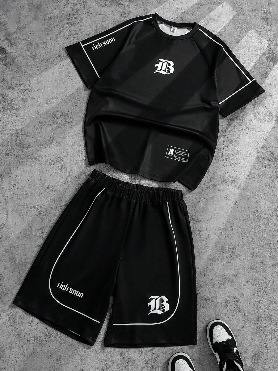 Casual Striped Print T-Shirt Set For Teenage Boys, Suitable For Daily Commute, Sports, And School Wear - Black - View 1