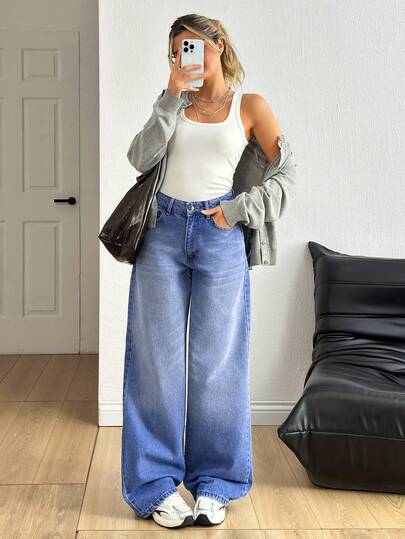 EURMUSE Damskie jeansy z wysokim stanem i kieszeniami, z szerokimi nogawkami, luźne, uniwersalne