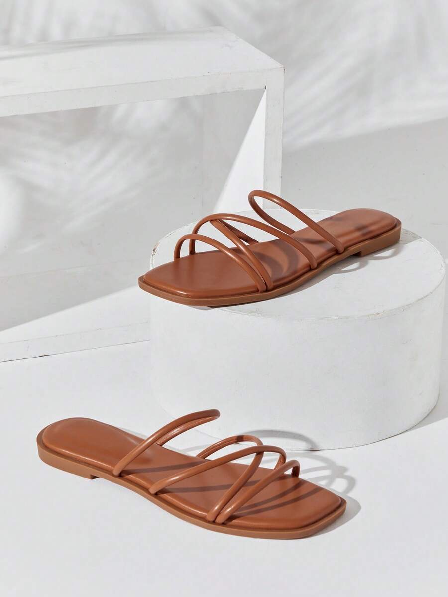 SHUZIA #SummerEssential Women's Square Toe Multi-Strap Metallic PU Gold Slide Sandals – Minimal, & Comfortable - Maroon - View 1