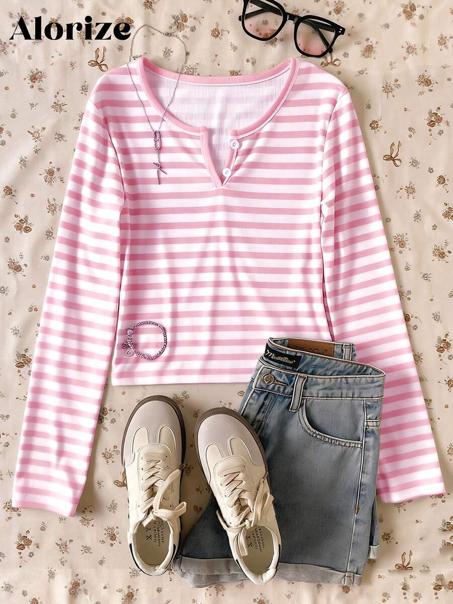 Áo thun tay dài cổ chữ V kẻ sọc thường ngày dành cho bé gái, đa năng khi đi dạo, mua sắm, đi làm, đi học, du lịch, có thể kết hợp với áo khoác, áo ba lỗ, quần dài, quần nỉ - Hồng - Xem 1