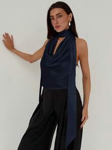Aloruh Top fluide sexy pour femme, décolleté ras-du-cou et dos nu, élégant et romantique, idéal pour les demoiselles d'honneur, les mariages, les sorties et les vacances d'été - Bleu marine - Voir 6