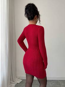 SHEIN PETITE Women's Vintage Stockholm Style Turtleneck Bodycon Knit Sweater Dress, Elegant Versatile Outfit For Dates, Work, Thanksgiving, Parties, Red V-Neck Zipper - Red - View 2