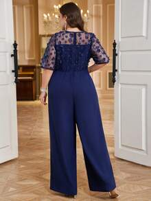 Gownix Navy Blue Top With 3D Mesh Embroidery Patchwork And Solid Wide-Leg Pants, Plus Size Women's Elegant Party Jumpsuit, Women's Spring Jumpsuits Women's Overalls Elegant Jumpsuit