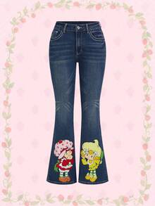 Strawberry Shortcake | ROMWE 水洗草莓图案喇叭牛仔裤 - 藏蓝色 - 查看 1