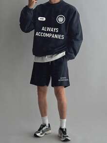 DAZY Men's Navy Blue Letter Print Crew Neck Pullover Pullover Sweatshirt Set With Drawstring Design, Spring/Summer - Blue - View 8