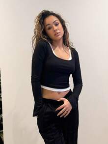 RebeccaVibe 女式夏季 Y2K 演唱会狂欢外出黑色修身二合一长袖上衣 - 黑色 - 查看 4