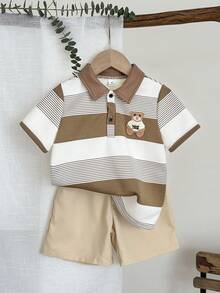 LMoss Kids LMoss   Young Boy Striped Print Short Sleeve Polo Shirt And Solid Color Shorts Set - Multicolor - View 9