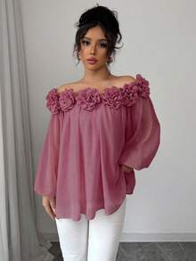 Rafferiza Women's Elegant Off Shoulder Chiffon Blouse, Soft & Smooth Matte Solid Color Fabric With 3D Floral Design, Versatile For Daily, Date, Party Wear Long Sleeve Top - Redwood - View 4