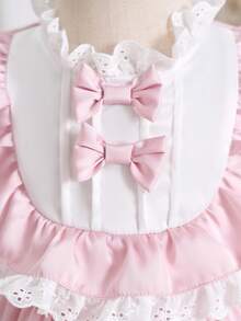 SHEIN Bộ quần áo bé gái dễ thương và thời trang, váy dự tiệc nhẹ nhàng, váy cưới mới với viền ren, tay phồng, tay ngắn, váy công chúa cho trẻ sơ sinh và bé gái. - Hồng - Xem 5