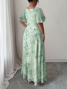 Modelyn Women's Chiffon Butterfly Print Batwing Sleeve Pleated Sweet French Style Summer Dress - Green - View 3