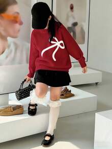 Dazy Kids 女童圆领蝴蝶结装饰长袖毛衣，秋季 - 紅色 - 查看 4