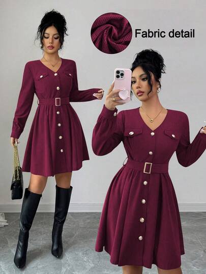 Elenzga Women's Elegant Vintage Corduroy V-Neck Metal Button Decor Long Sleeve Textured Waist A-Line Short Dress, Autumn/Winter