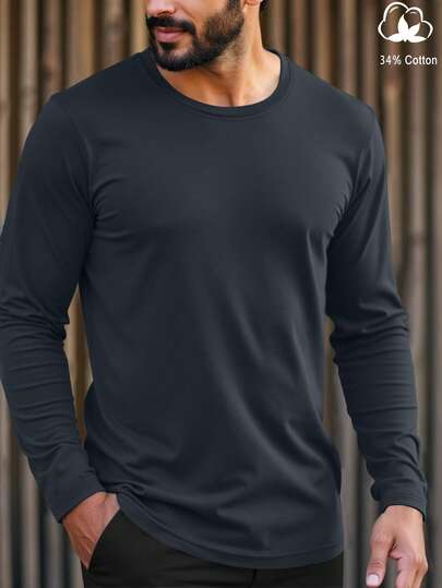 Manfinity Homme Men's Solid Color Minimalist Casual Crew Neck Long Sleeve T-Shirt