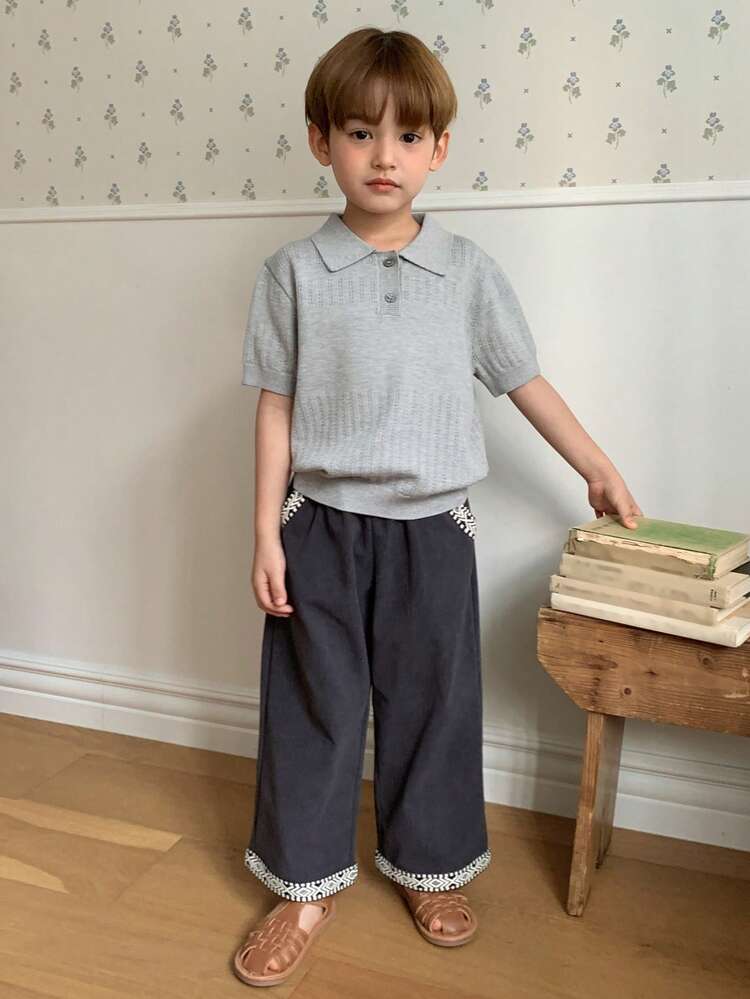 Young Boy Casual Everyday Geometric Print Patch Pocket Loose Wide Leg Pants
