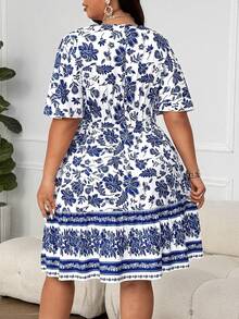 Breezaya Plus Size Women's Fashionable All-Over Print V-Neck Dress - Multicolor - View 2