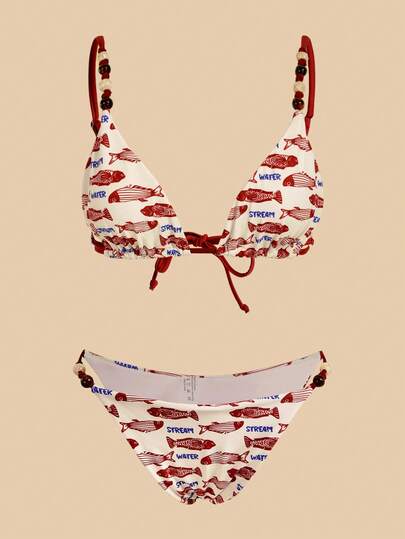 Travachic Women's Summer Vacation Beach Fish Print Random Mixed Color Beaded Spaghetti Strap Bikini Set With Cover-Up And Skirt, Swimwears For Woman, Bathing Suits For Women, Beach, Beach Outfit For Women, Beach Outfits For Women,Casual,Vacation,Vacation Outfits Women,Vacation,Summer Holiday Outfits ,Holiday Outfits For Women,Holiday,Vacation Outfits For Women,Elegant,Going Out,Party,Beach,Beach Outfits For Women,Beach Skirt,Beach Set,Beach Outfit,Beach Outfit For Women,Summer,Summer Clothes,Summer Holiday Outfits,Flower,Graphic,Carmaval,Carnival,Festival,Spring To Summer