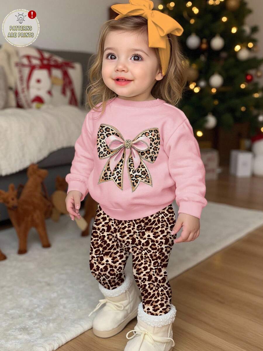 Baby Girl Casual Vintage Leopard Print Bow Design Soft Thick Crew Neck Long Sleeve Sweatshirt And Leggings Set, Suitable For Autumn/Winter Baby Girl Christmas Casual Pant Sets Bow Baby Girl Outfit Two Pieces Winter Outfits For Baby Girl Leopard Outfit Baby Girl Animal Print - Multicolor - View 1