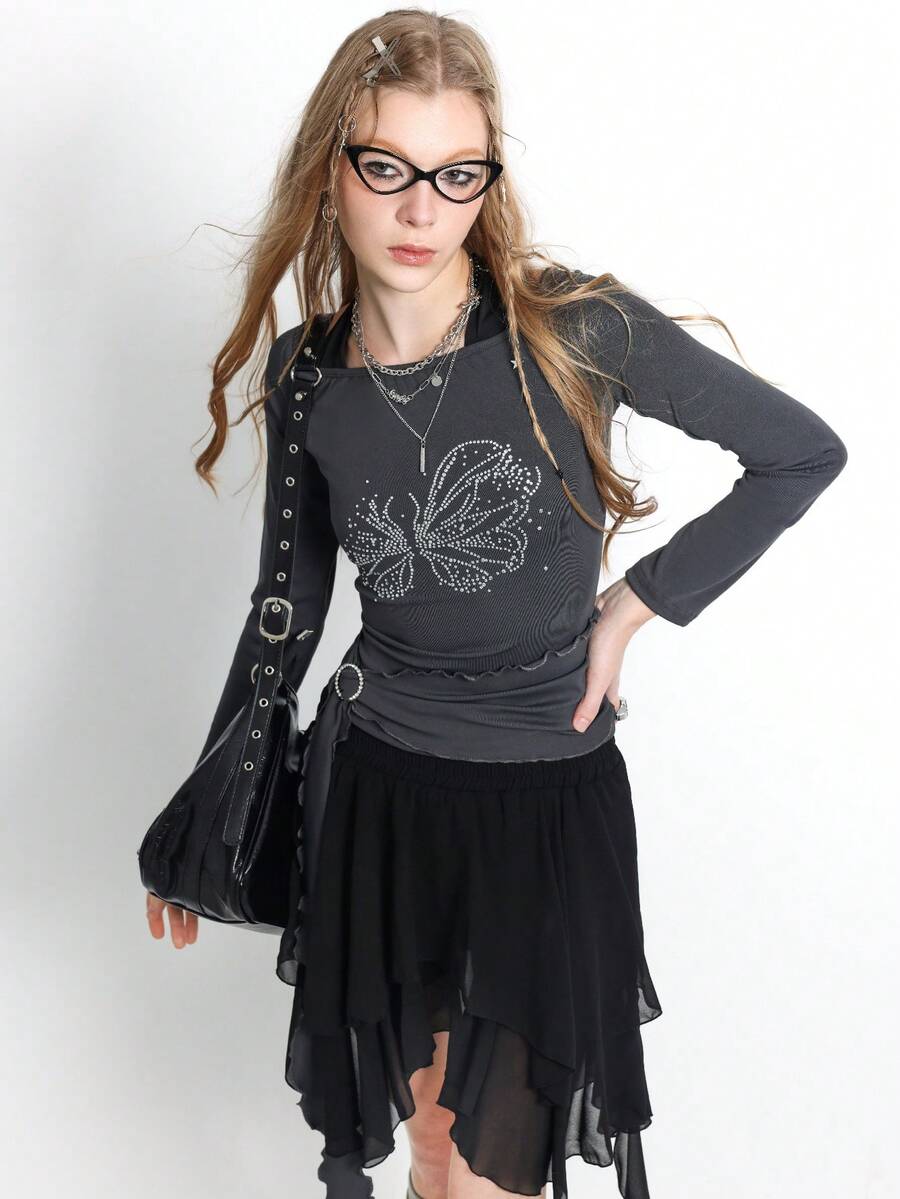 2pcs/Set Fitted Fashion Design Frill Trim Long Sleeve Printed Pullover Top - Multicolor - View 1