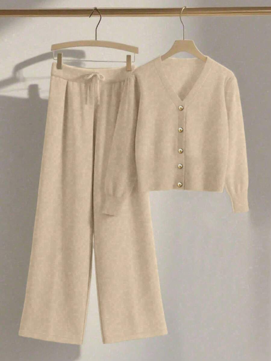 Franclia 女士休闲宽松针织毛衣裤套装（2件套），舒适简约设计 - 米色 - 查看 1