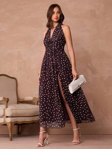 Enchnt 性感波点露背吊带紧身连衣裙 - 棕色 - 查看 6