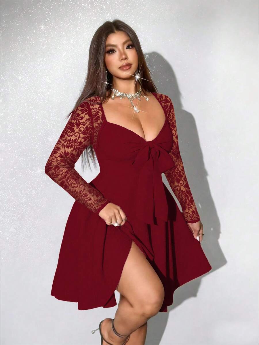 Viva Relle Đầm dài tay thanh lịch, gợi cảm phối ren, buộc dây dành cho nữ cỡ lớn, thích hợp cho mùa thu. - Màu Đỏ Sâu - Xem 1