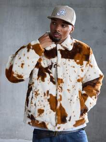 ROMWE MEN Street Life Men's Cow Print Plush Fabric Turndown Collar Jacket - Coffee Brown - View 5