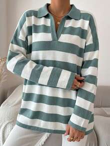 Suéter de cuello polo de hombros caídos con estampado de rayas para tallas grandes - verde menta - Ver 3