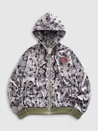 Felpa con cappuccio casual da uomo con chiusura lampo e stampa, stile universitario, autunno/inverno