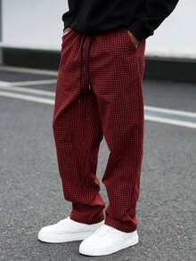 Claim Dot Men's Drawstring Waist Plaid Pocket Wide Leg Loose Casual Pants - Dark Red - View 6