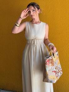 Jeta Ari Cotton & Linen Sleeveless A-Line Dress For Women, Spring/Summer Casual - Apricot - View 5