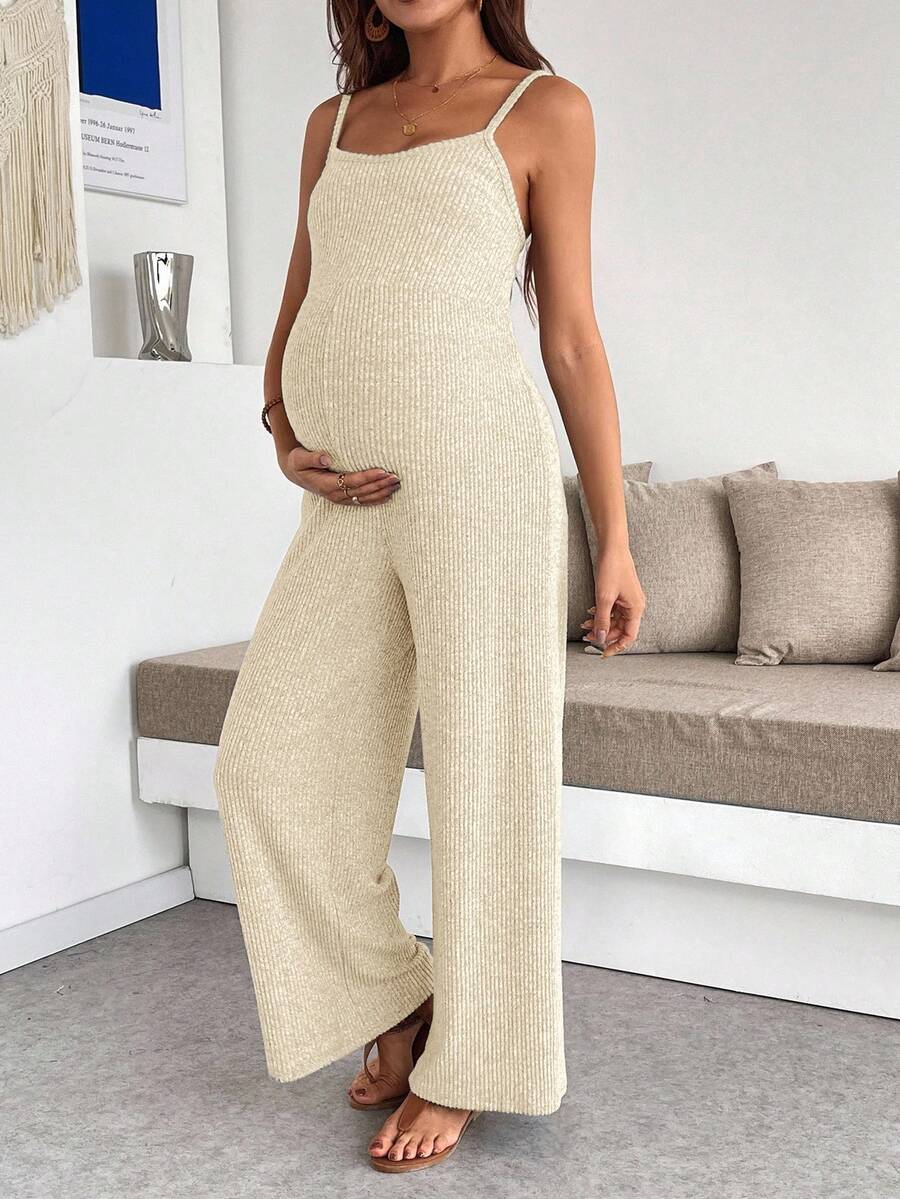 SHEIN Maternity Casual Solid Color Minimalist Jumpsuit - Apricot - View 1