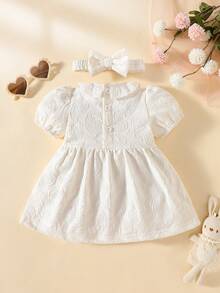 SHEIN 新生儿蕾丝边连衣裙配蝴蝶结发带，公主风 - 白色 - 查看 2