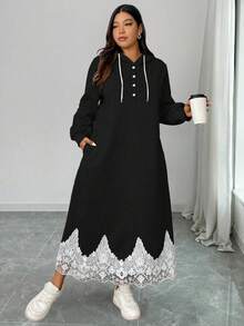 Elenzga 大码女式法式休闲印花长款卫衣连衣裙 穆斯林女式连衣裙 长款连帽连衣裙 端庄长袖连衣裙 女式连衣裙 长袖长款休闲连衣裙 - 黑色 - 查看 3