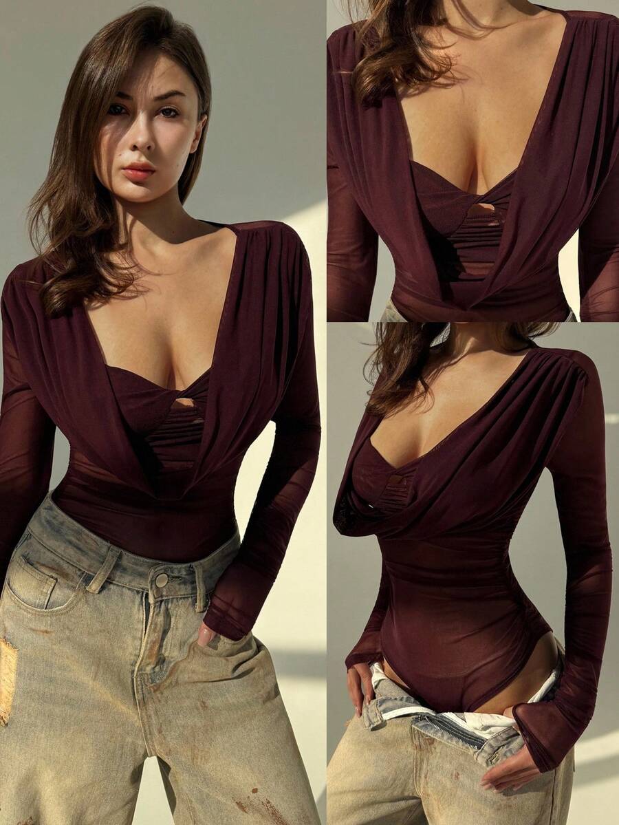 Aloruh Sexy Party Clubwear New Autumn/Winter Purple Mesh Plunging Neck Bodysuit, Valentine Outfits For Women,Valentine Outfits For Women - Red Violet - View 1