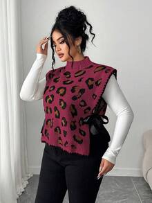 Elenzga Women's Elegant Leopard Print Tie-Up Sleeveless Loose Knit Sweater Vest,Plus Size,Summer Everyday Brown Polka Autumn/Winter Outerwear Leopard Top - Red Violet - View 4
