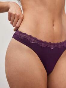 Ocili Comfortable Minimalist Smooth Swimwear Lace Women's Thong Panties - Purple - View 1