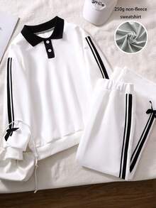 Sparklyn 2pcs/Set Girls Casual Simple Hooded Sweatshirt Set, With White Ribbon Trim On Sleeve And Pant Side, Suitable For Spring & Autumn, 250G Heavy Fabric Hoodie Jacket - White - View 2